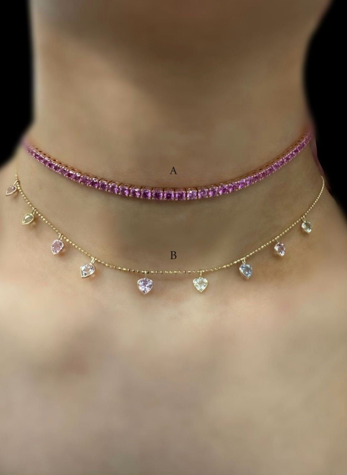 Choker pink sapphire/ heart color stone necklace