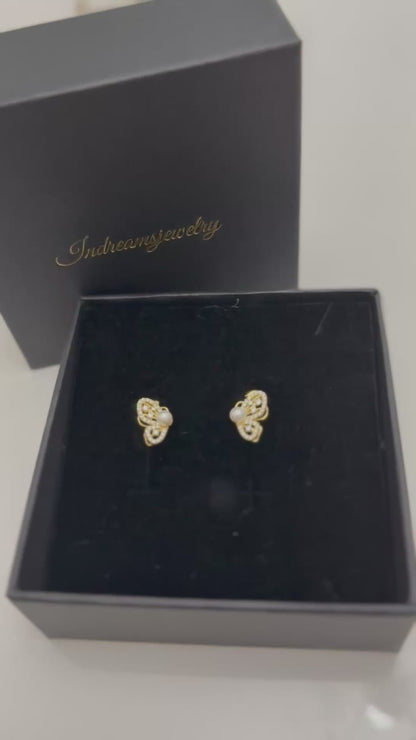 18 k gold plated butterfly pearl studs